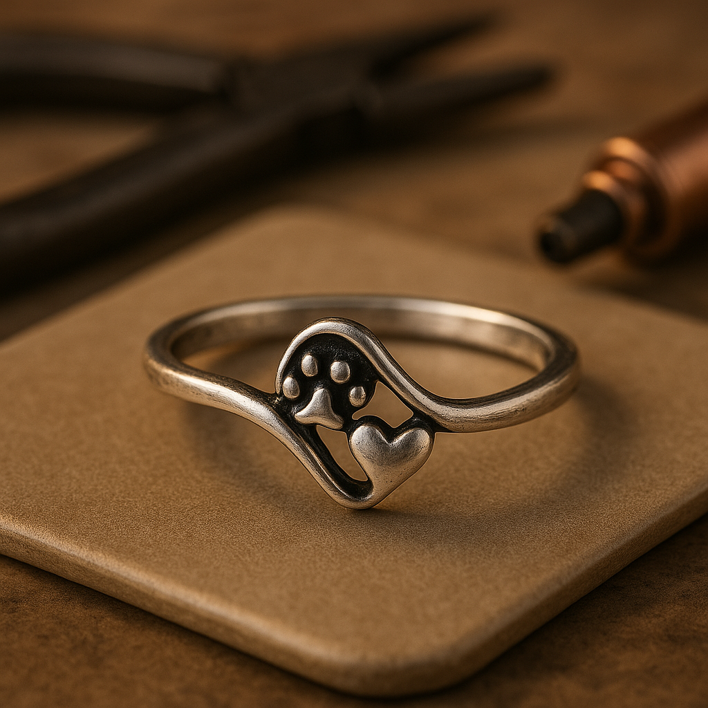 Vintage zilveren ring met pootafdruk en hartmotief